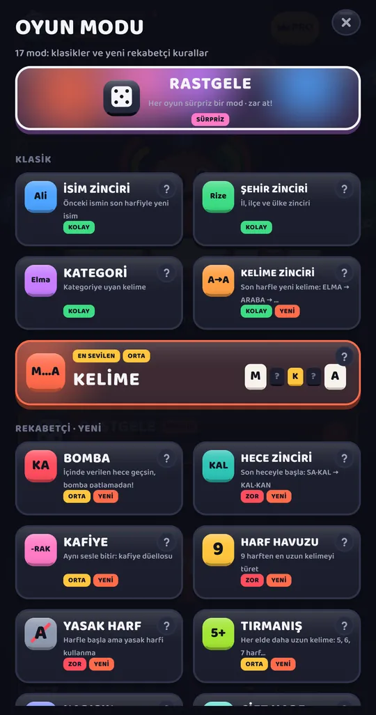 Bum’da 17 oyun modunun seçildiği ekran